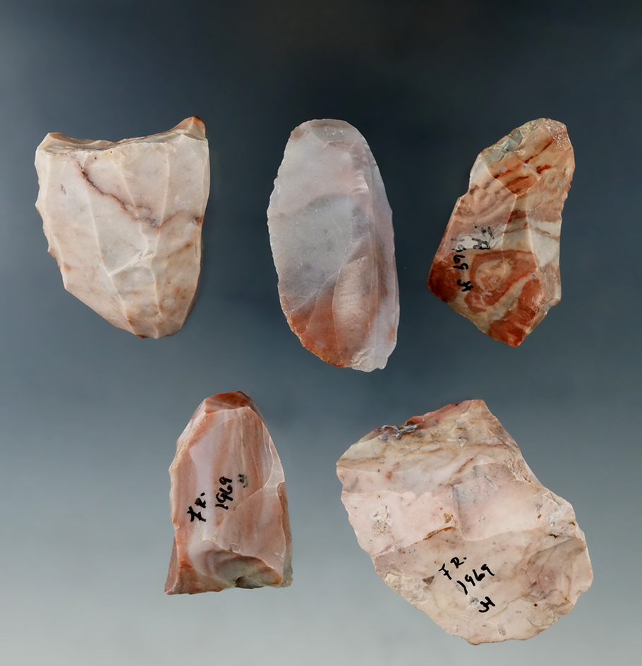 5 colorful Flint Ridge Hopewell of cores found in Licking Co., Ohio in 1969 by Jack Hooks on the sam