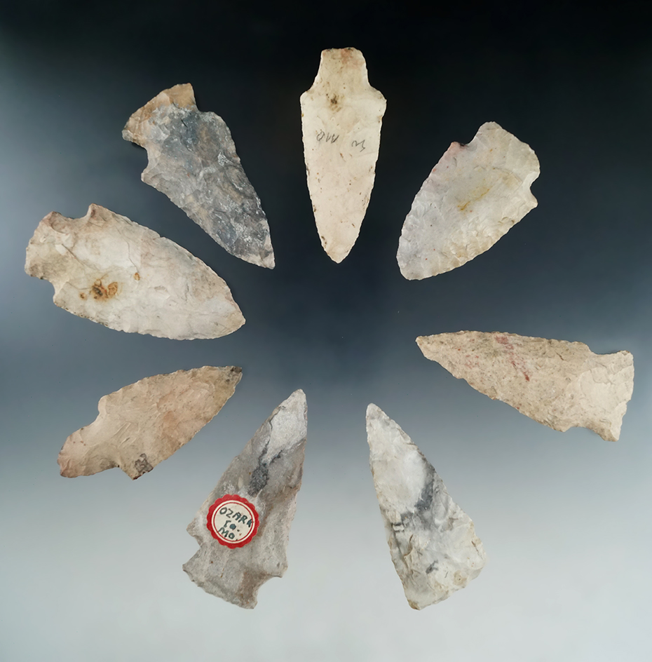 Set of eight nice Missouri arrowheads, largest is 2 5/8".