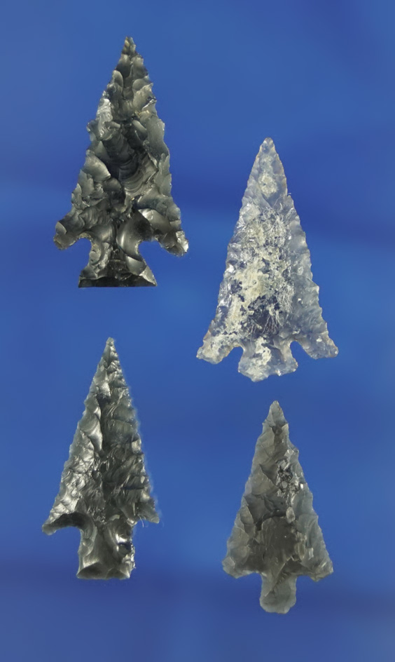 Set of four nice obsidian arrowheads found near Fort Rock Oregon, largest is 1".
