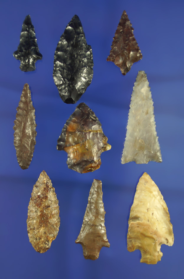 Set of nine assorted arrowheads found near the Columbia River, largest is 1 3/4".