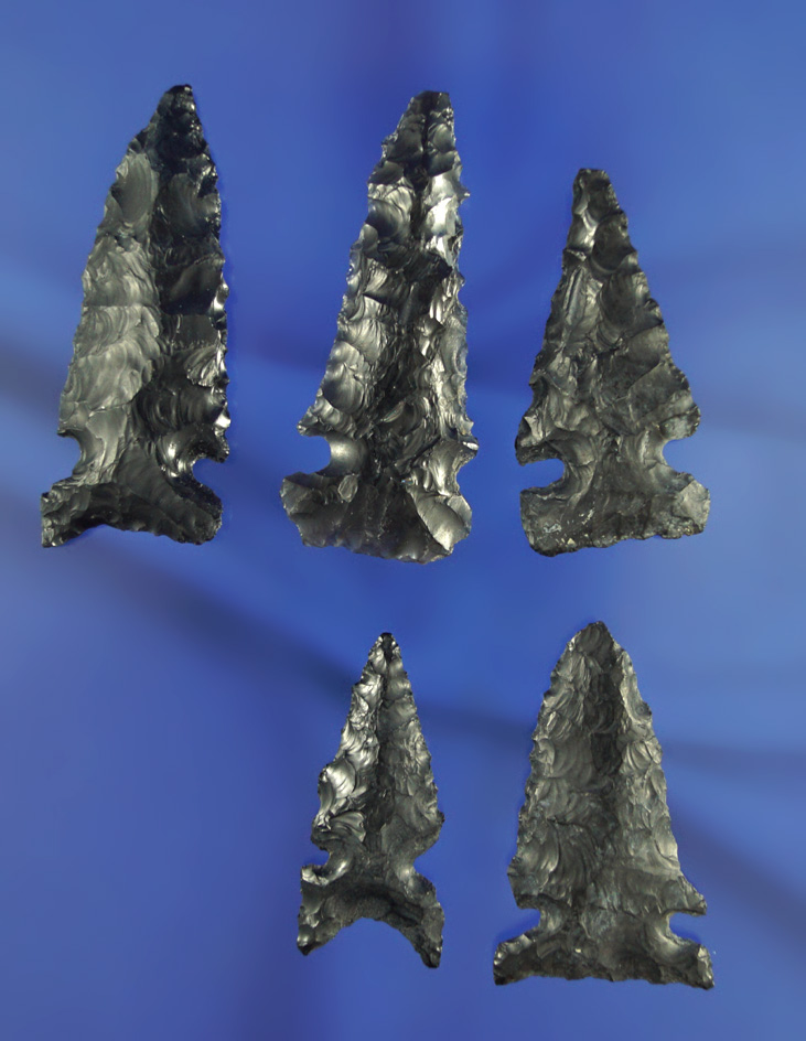 Set of five nice obsidian arrowheads found near Fort Rock Oregon. Largest is 2 1/16".
