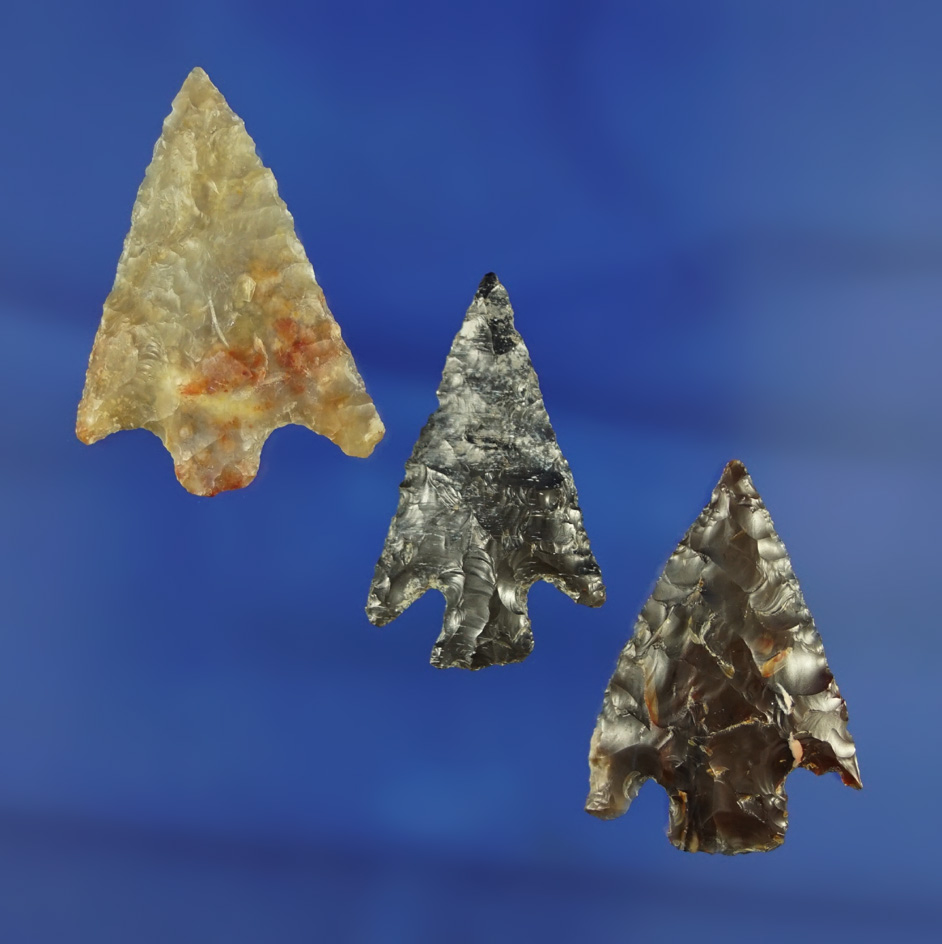 Set of 3 nice Cornernotch arrowheads found by Norma Berg between near the Columbia River.