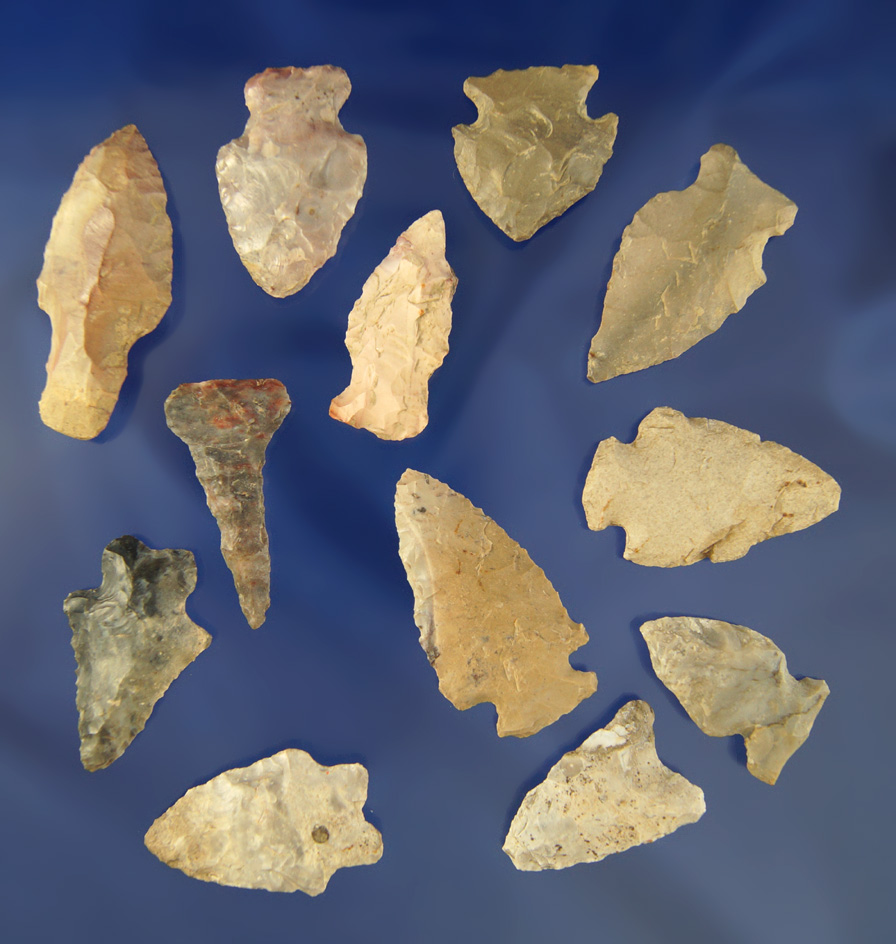 Set of 12 assorted Ohio Arrowheads, largest is 2 1/16".