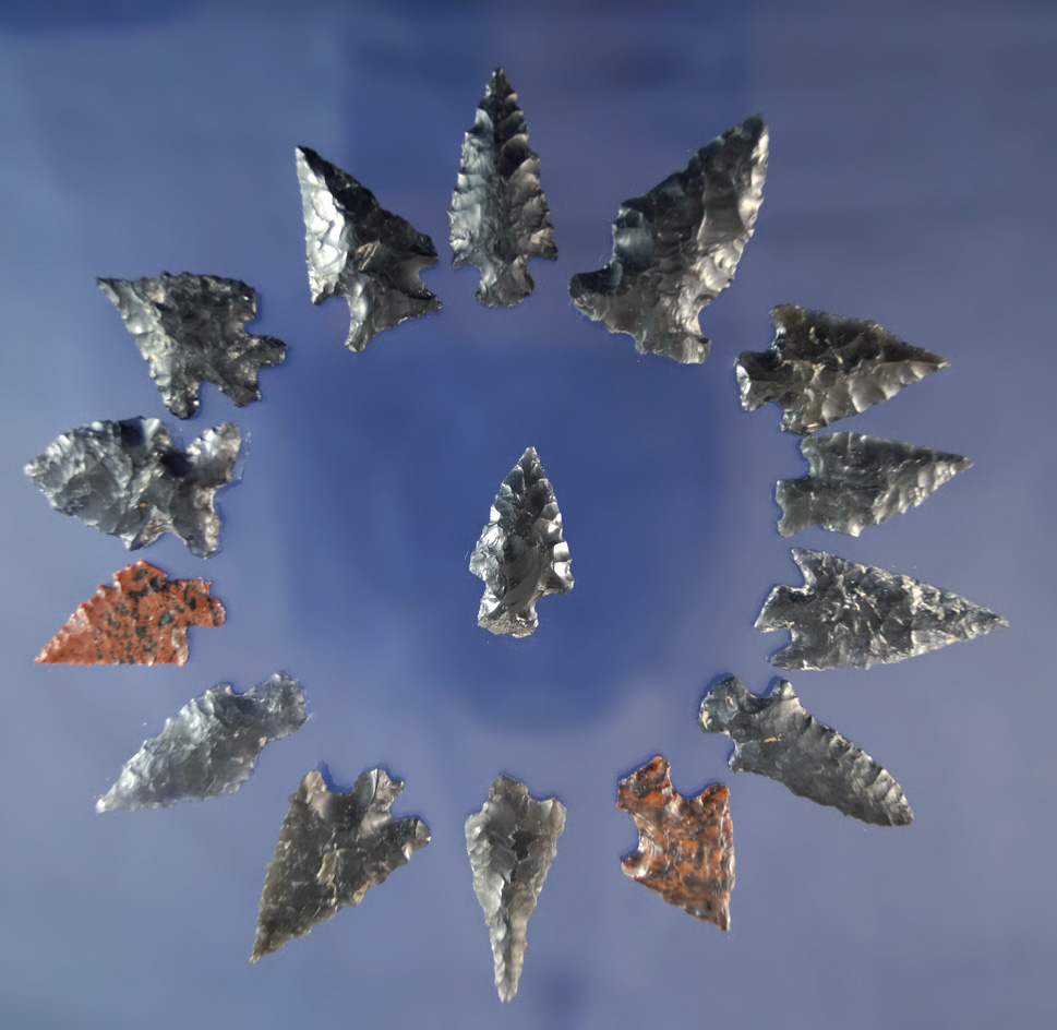 Set of 15 assorted Obsidian Arrowheads from the western US, largest is 1 1/8".
