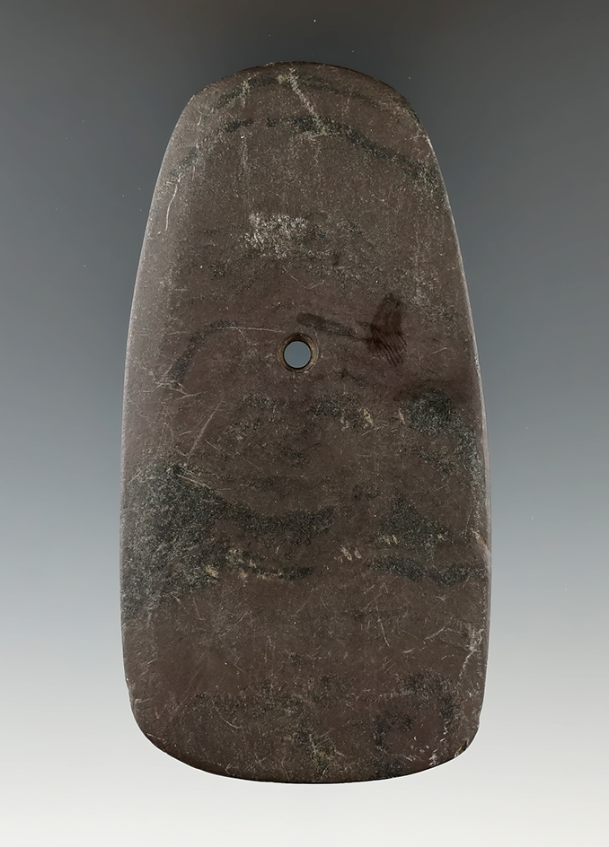 3 3/4" Hopewell Trapezoidal Pendant made from Mottled Slate, found in Ohio. Ex. Charlie West.