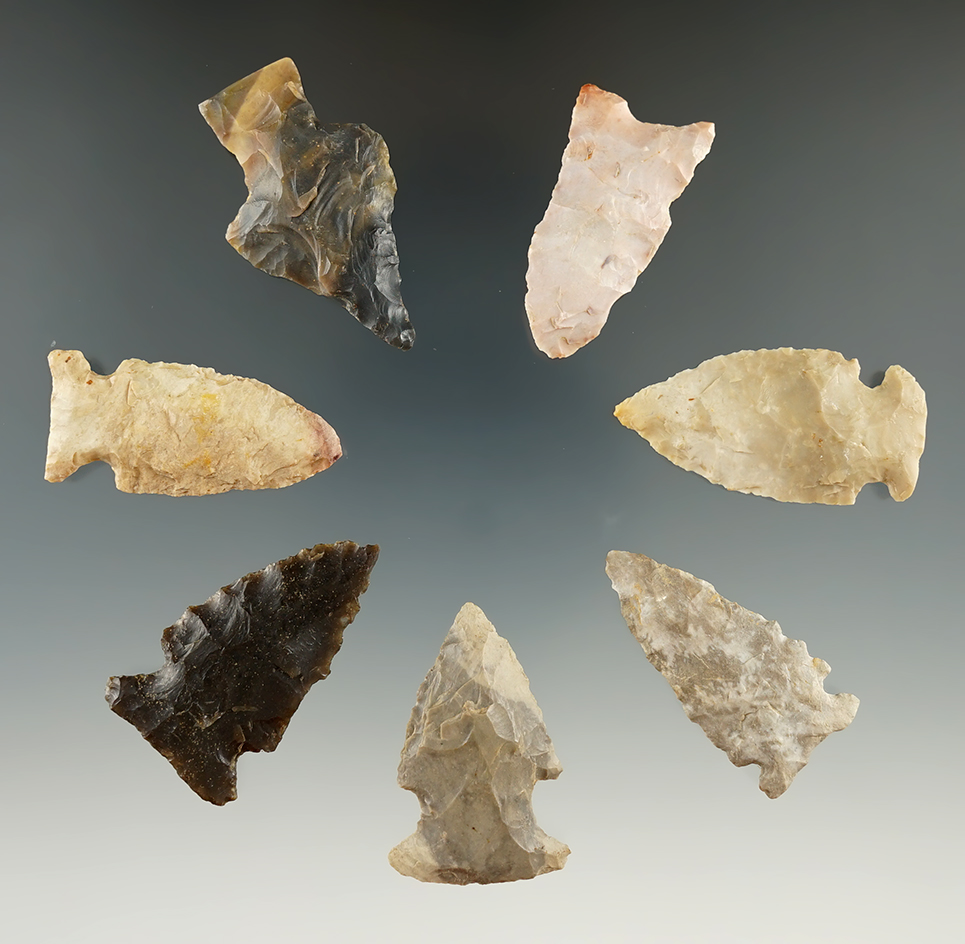 Group of 7 Assorted Arrowheads found in Indiana and Kentucky, largest is 1 3/4".