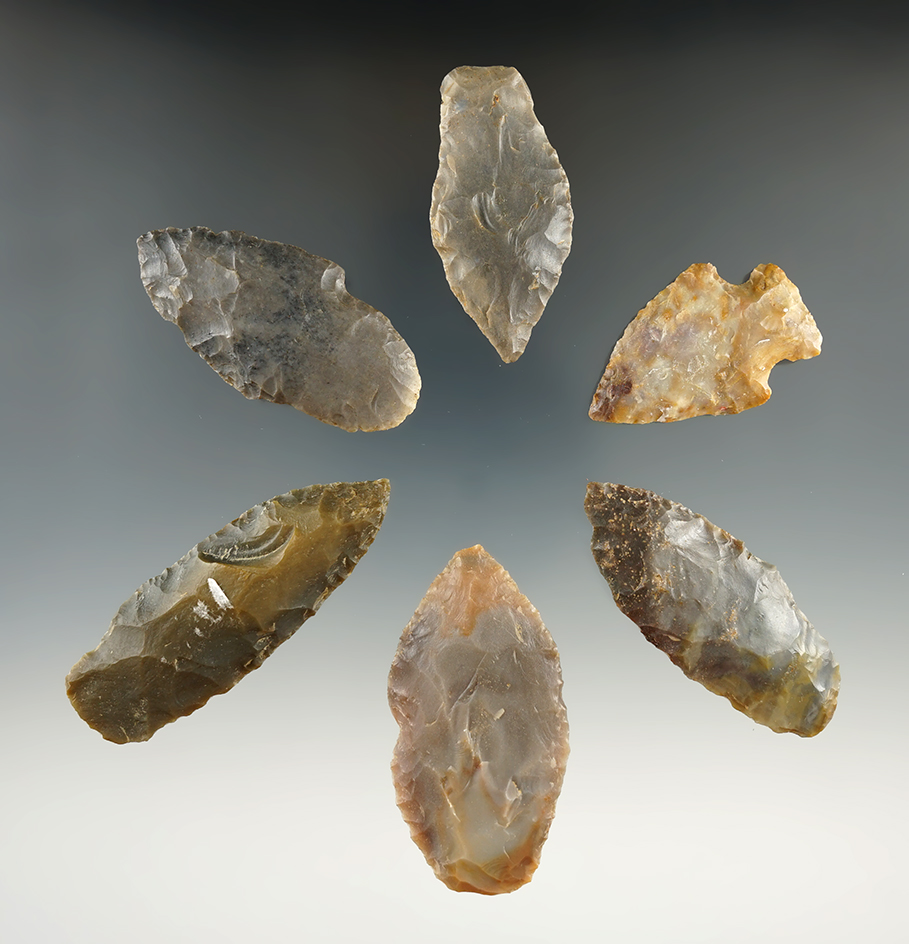 Group of 6 Assorted Kentucky Arrowheads, largest is 2 3/4".