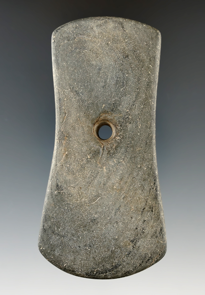 3 13/16" Adena Bi-Concave Pendant. Banded Slate. Seneca Co., Ohio. Ex. Anderson, Harding.