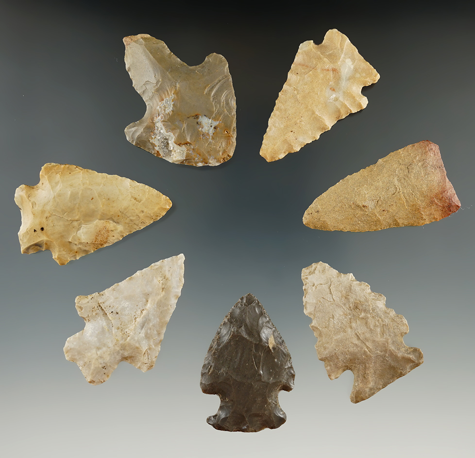 Group of 7 Assorted Arrowheads found in Indiana and Kentucky, largest is 1 15/16".