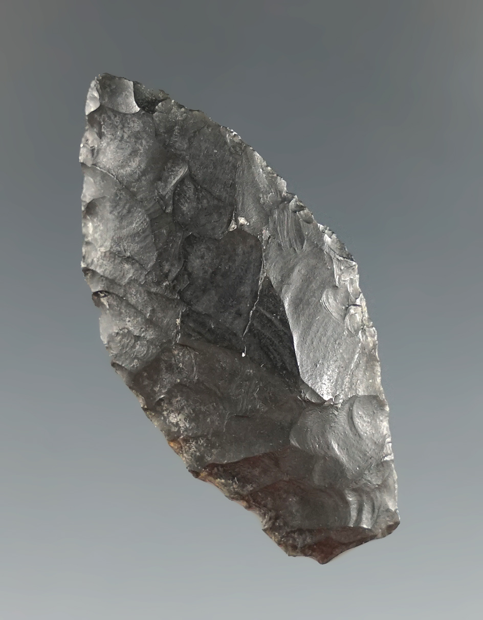 1 1/2" Paleo Spedis made from Obsidian, found near the Columbia River, Oregon. Ex. Jim Hogue.