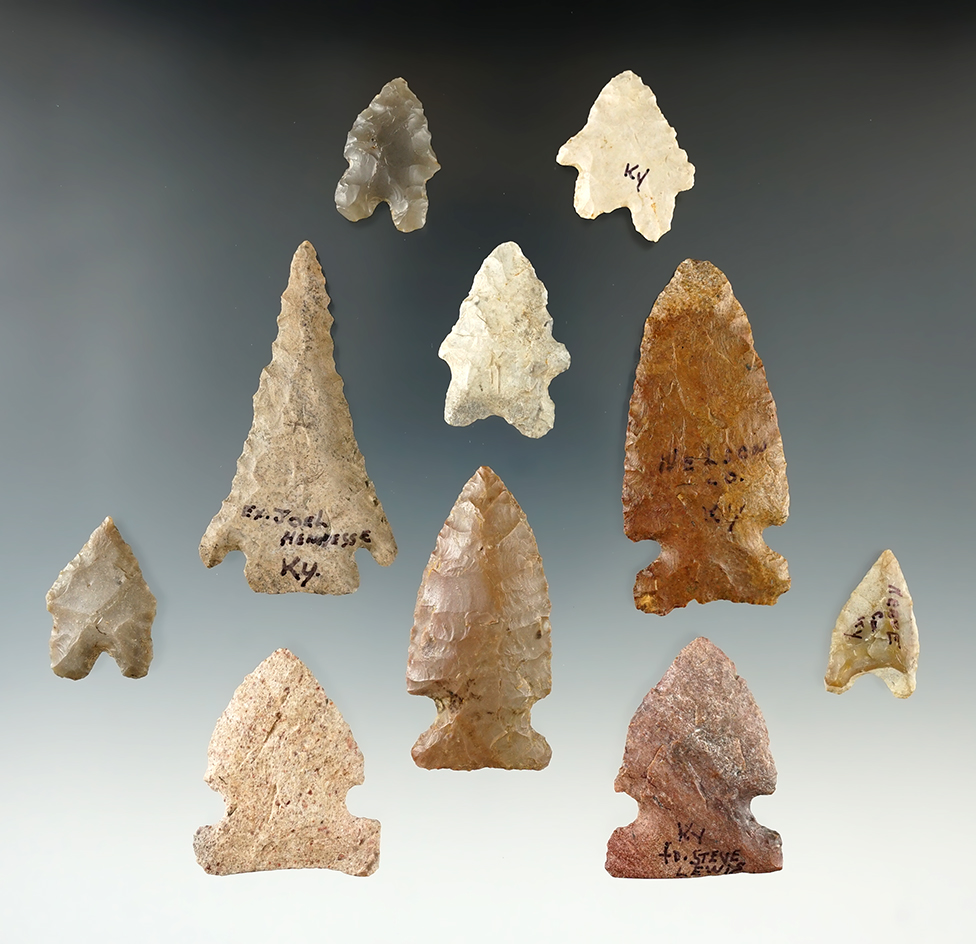 Group of 10 assorted points found in Kentucky, largest is 2 1/4".