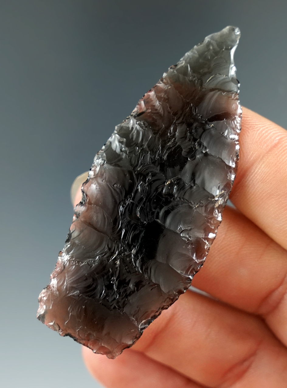 2 1/2" Scottsbluff made from Obsidian, found in Washington. Pictured.Ex. Jim Hogue Collection.