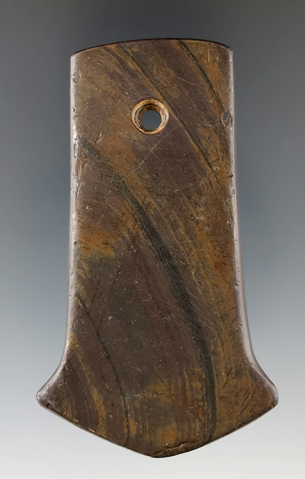 3 3/16" Adena Anchor Pendant made from Banded Slate, found in Hardin Co., Ohio. Ex. Van Steen.