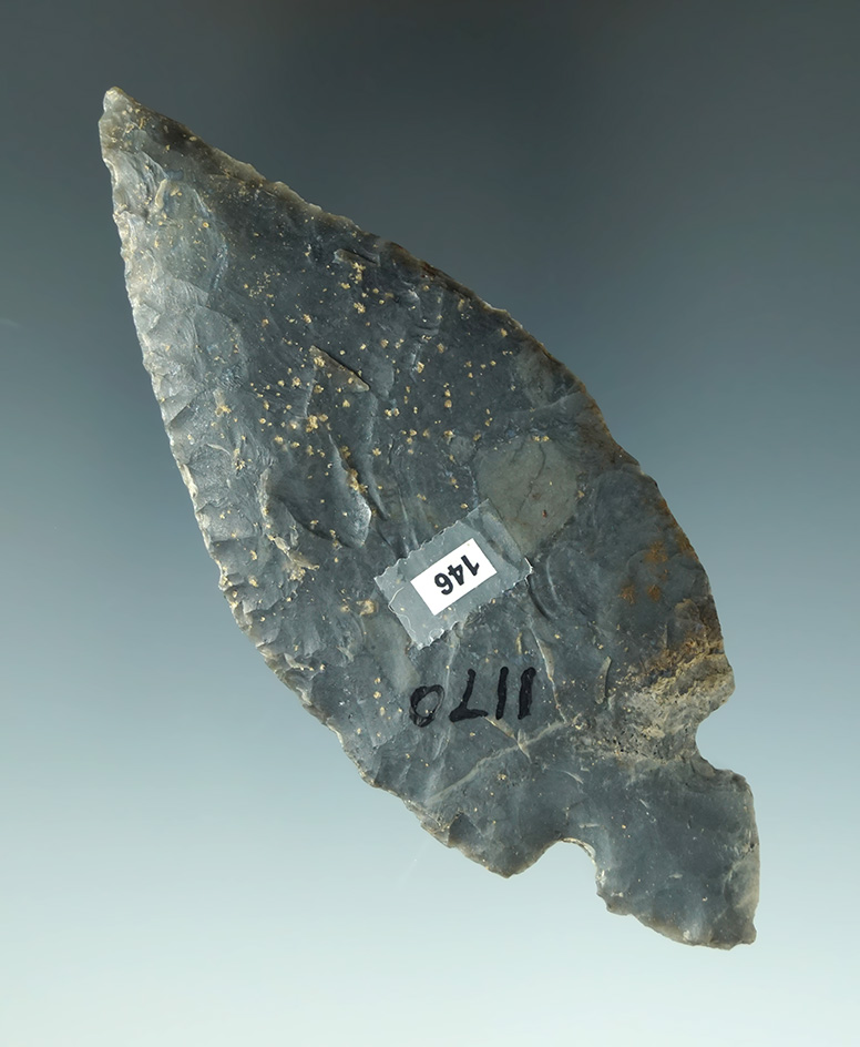 Classic style 3 7/8" Turkeytail that is well patinated found in Kentucky. Ex. Norm Kley collection.