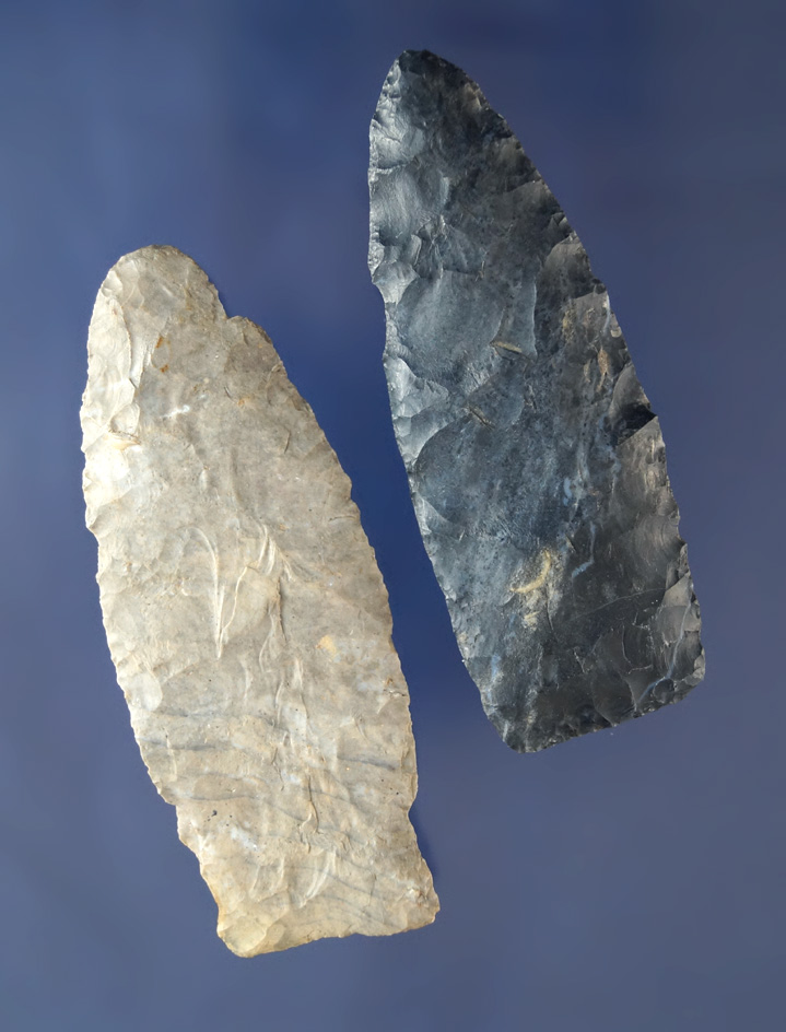 Pair of Paleo Lanceolates found in Ohio made from Coshocton flint. Largest is 2 7/8".