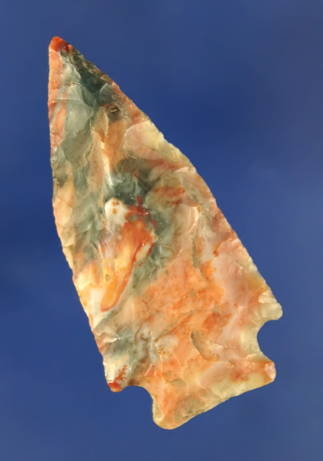 Colorful 1 7/8" Blue & red Flint Ridge Flint Pentagonal found in 1996 in Delaware Co., Ohio.