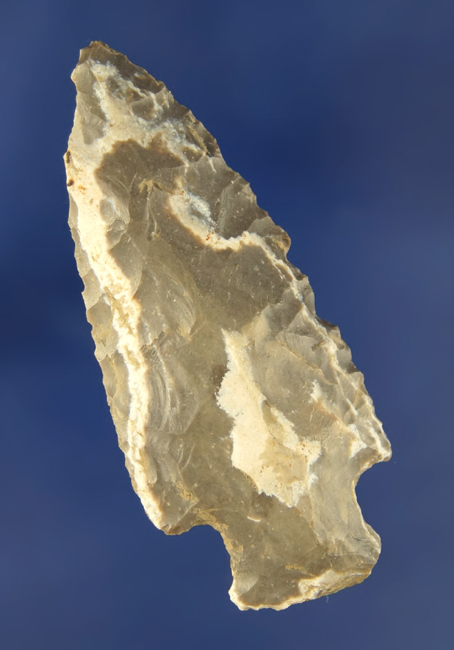 2 9/16" Archaic Stemmed Point made from exotic Delaware chert found by Sam Speck in Ohio.