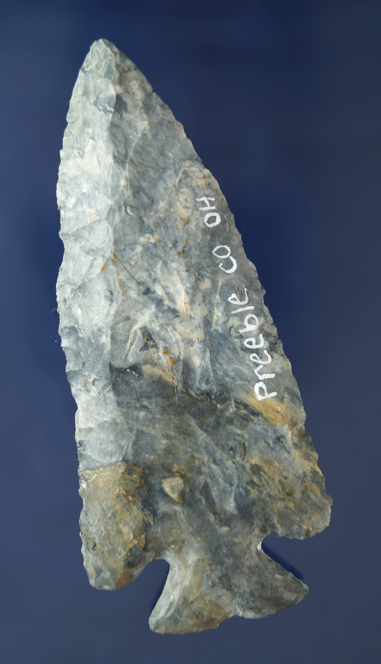 4 1/8" Coshocton Flint Notched Base Dovetail with restoration to tip, ear and part of the base