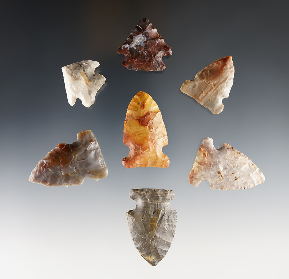 Seven colorful Archaic points found in Ohio. Largest is 1 1/2".