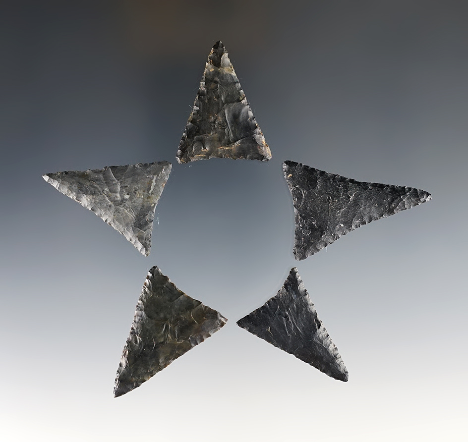 Five very nice triangle points made from Coshocton Flint. Southern Ohio. Largest is 1 3/4".