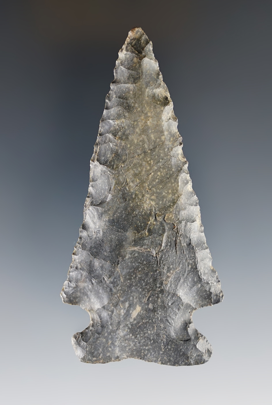 Fine 3 3/8" Archaic Cornernotch made from Coshocton Flint. Found in Ohio.