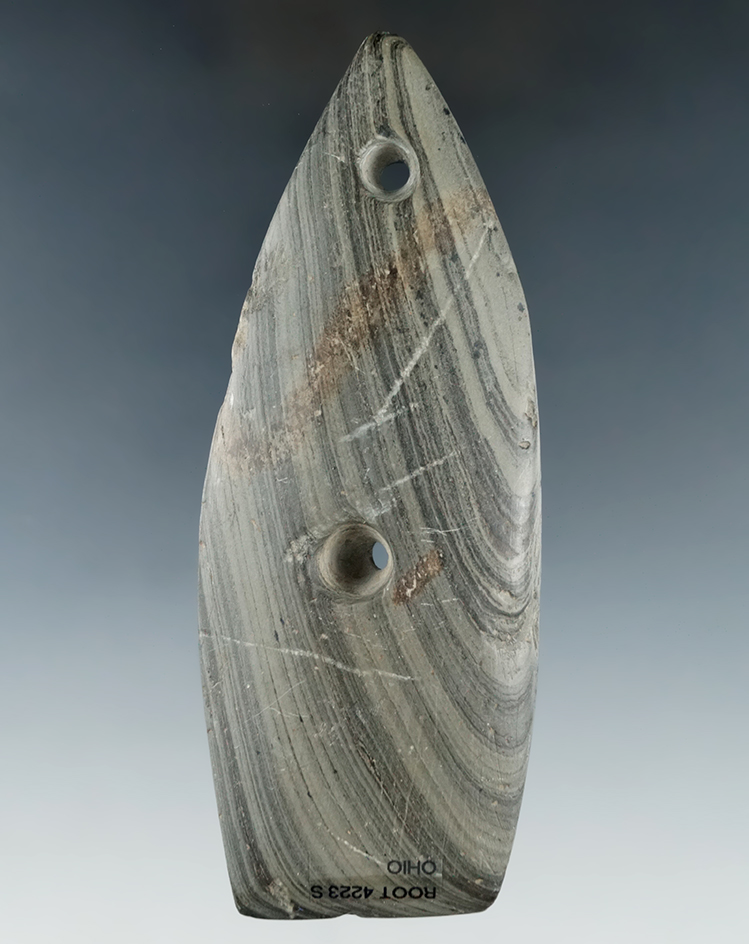 4 11/16" Glacial Kame Sandal Sole Gorget made from green and black Banded Slate - found in Ohio.