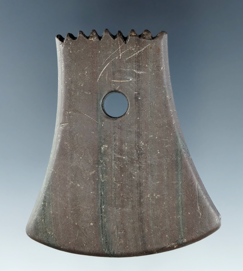 2 1/2" fringed red banded slate Pendant which appears to have been salvaged from a broken Gorget.