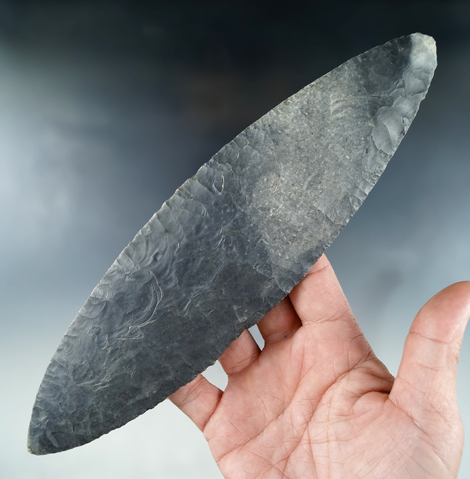 Large and nice! 8 3/4" Bi-pointed Mayan Blade made of Colha chert found in Belize. Ex. Shively.