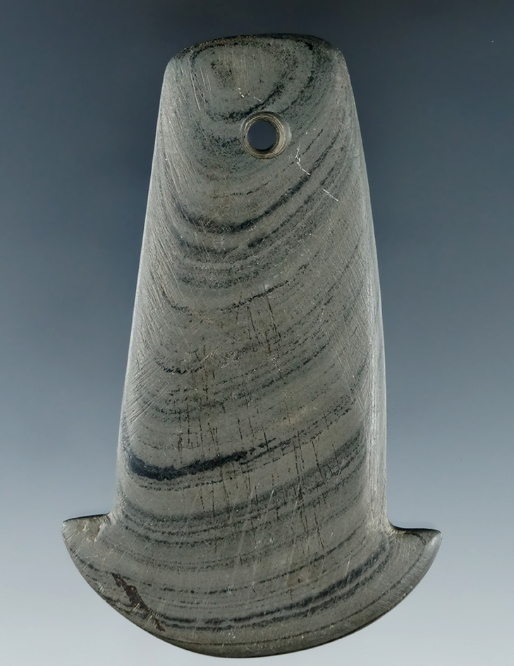 3 1/2" Adena Anchor Pendant made from green and black Banded Slate, found in Ross Co., Ohio.