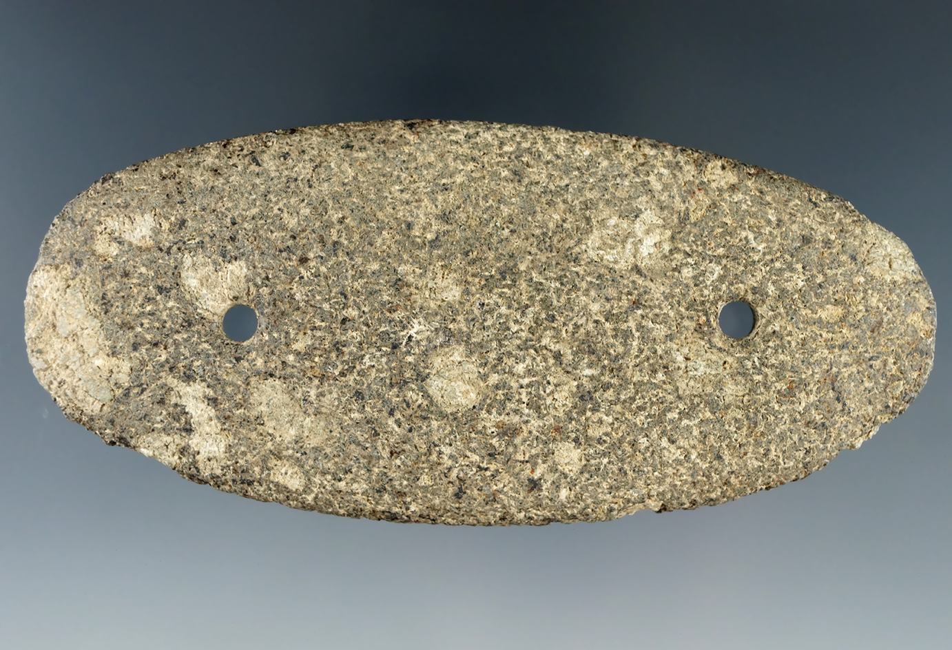 4 1/8" Glacial Kame Oval Gorget made from black and cream Gneiss, found in Williams Co., Ohio.