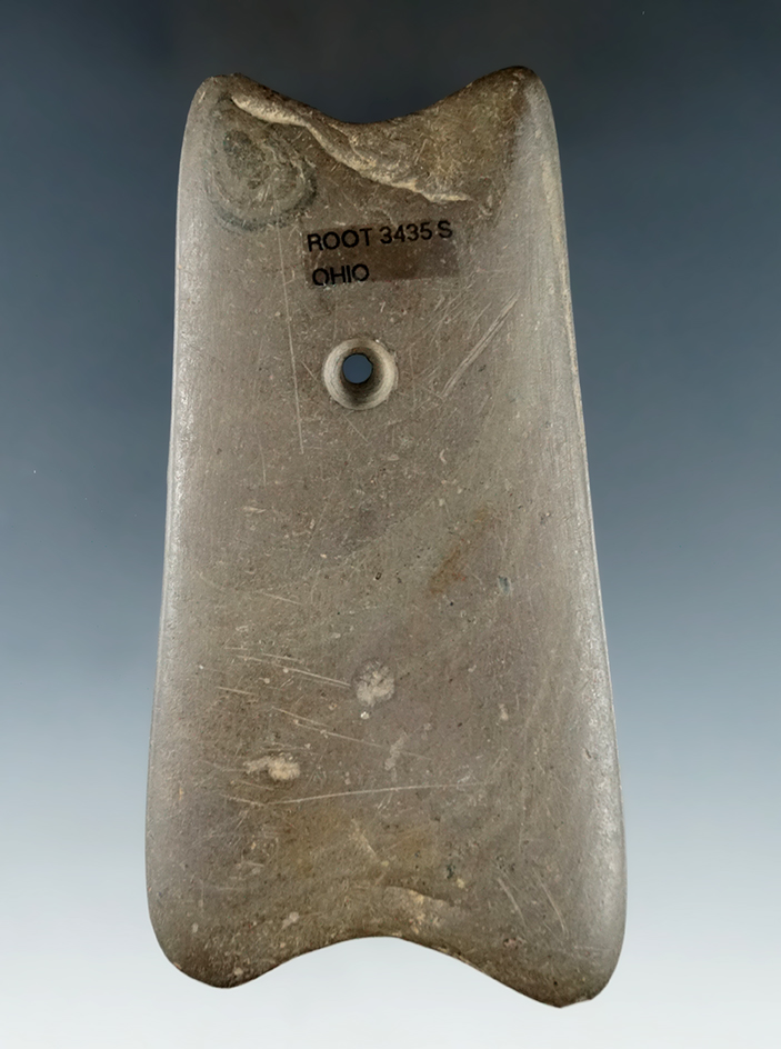 4 3/16" Hopewell Indented Pendant made from green, brown and black Banded Slate, found in Ohio.