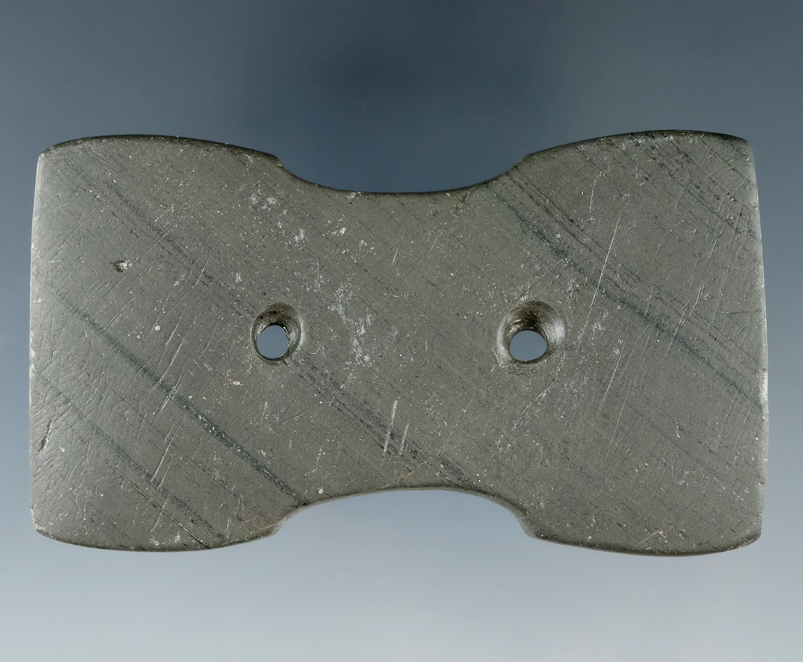 3" Indented Gorget made from green and black Banded Slate, found in Union Co., Ohio in May of 1996.