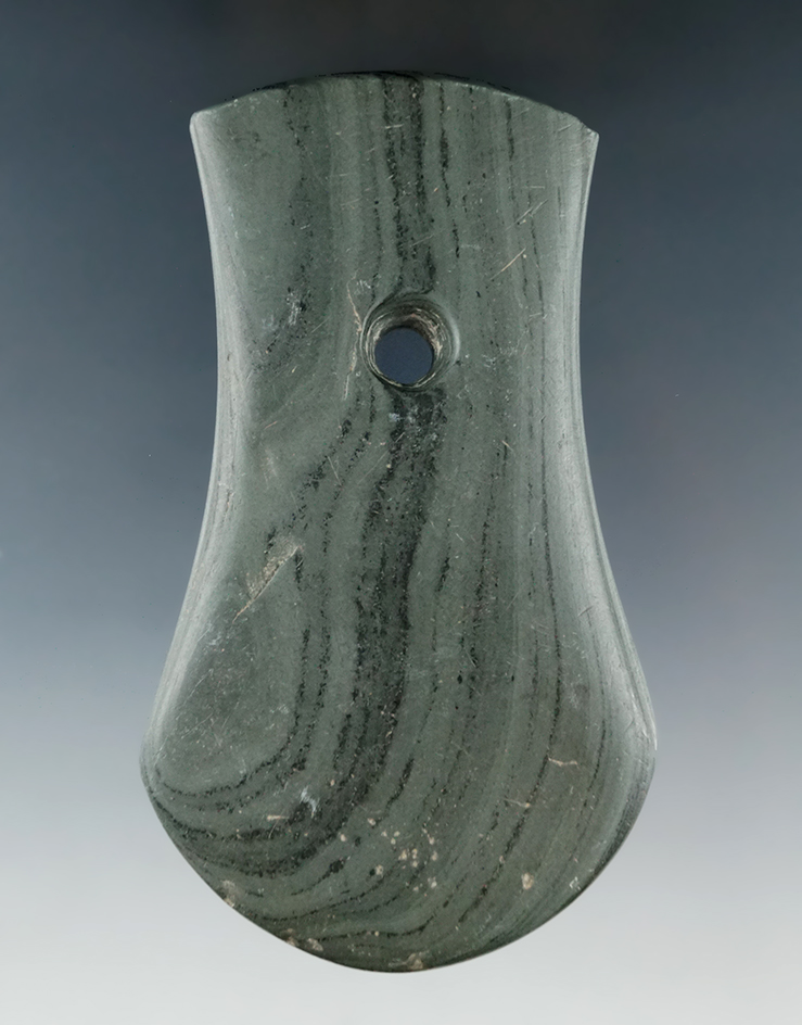 4 1/8" Adena Keyhole Pendant made from green and black Banded Slate. Pictured in Central States.