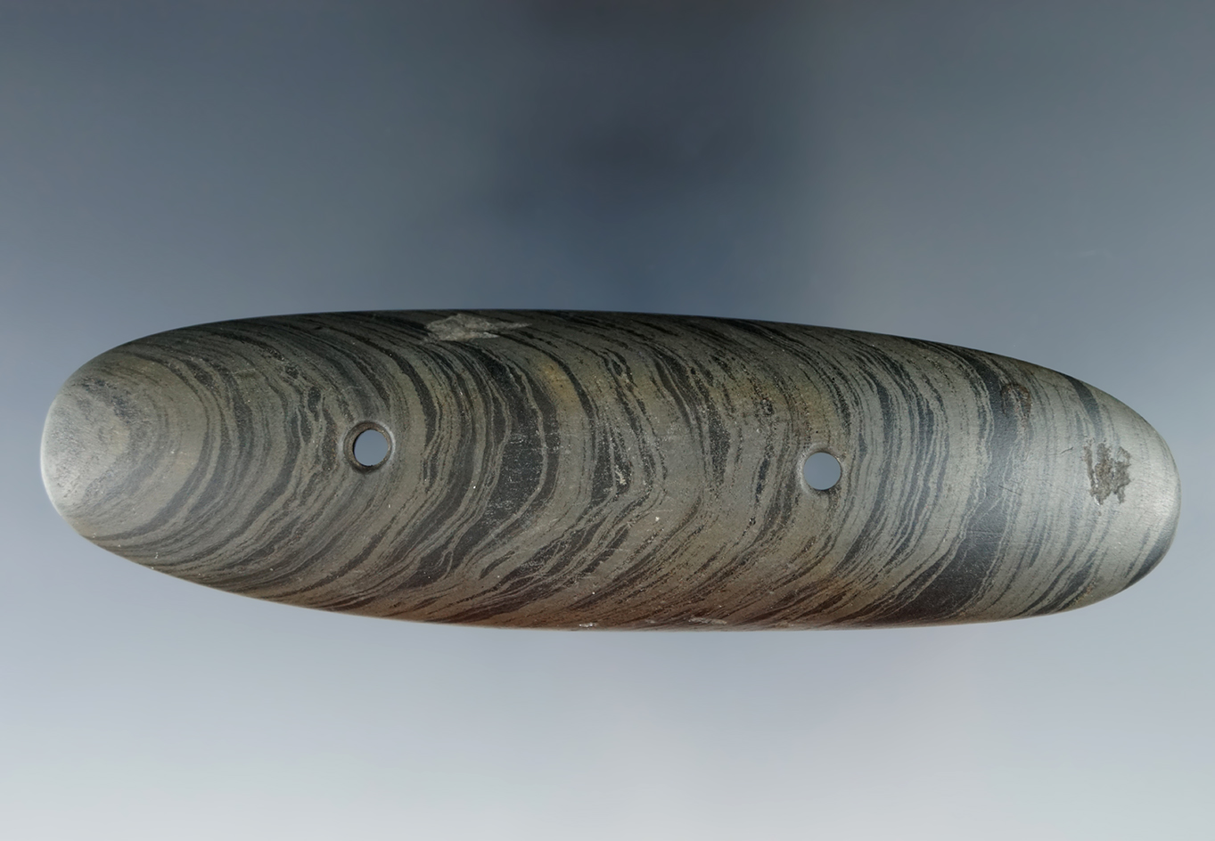 4 9/16" classic shape Glacial Kame boat style Gorget found near Tiffin Ohio.