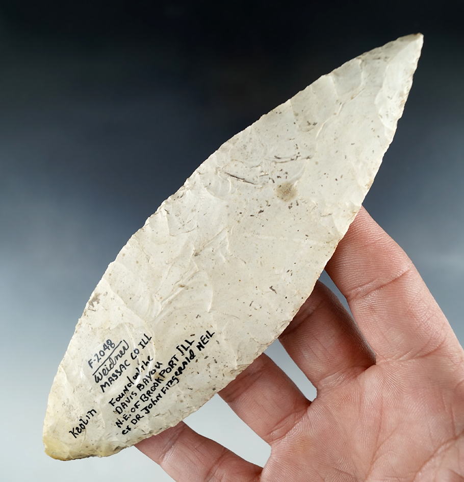 5 13/16" Bi-pointed Knife - Kaolin found on the Davis Bayou northeast of Brook Park, Massac Co., IL.