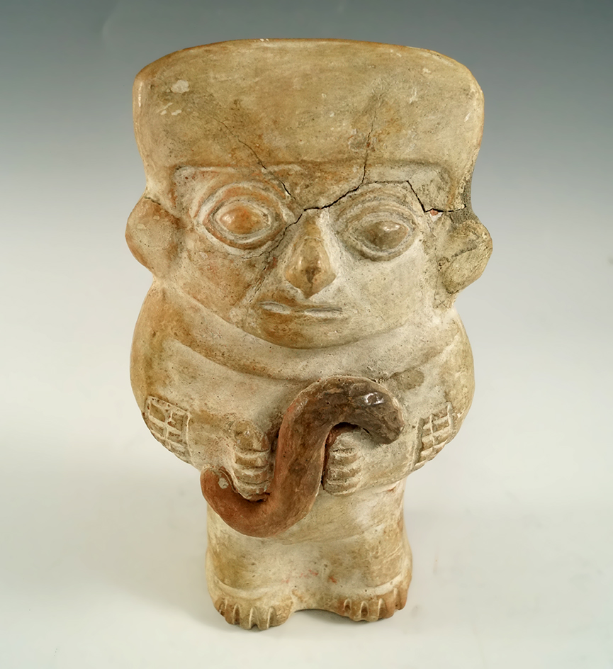 6" x 3 1/4"  Moche pottery figure w/several sealed pressure cracks - very nice condition. Bennett CO