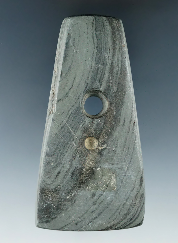 3 1/2" Adena Trapezoidal Pendant made from Banded Slate, found in Miami Co., Ohio. Ex. Gary Noel.