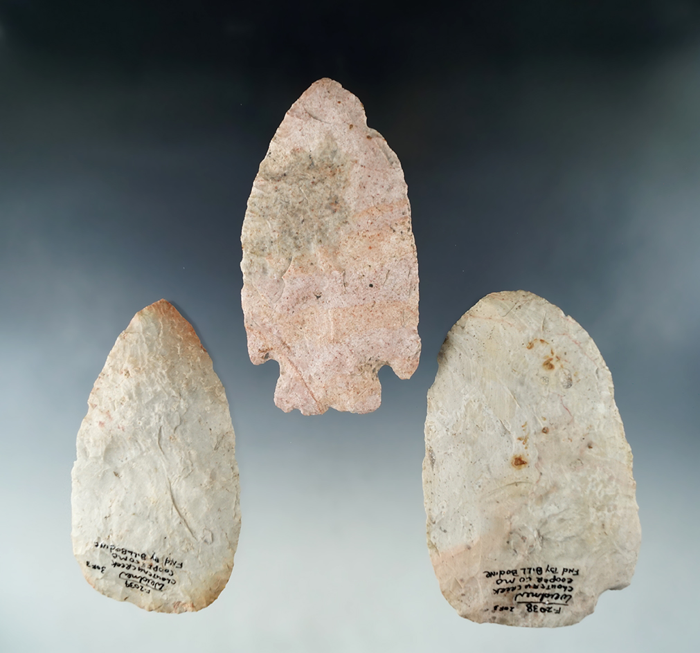 Cache of three artifacts found together  on Chouteau Creek in Cooper Co., Missouri.