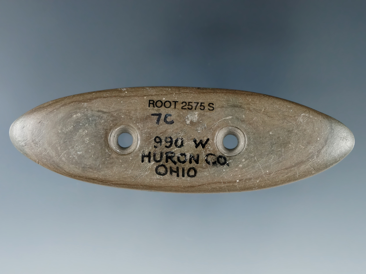 3 1/2" Glacial Kame Bi-pointed Gorget - Huron Co., Ohio. Ex.  Wehrle, Grimm, Hanna.  Davis COA.