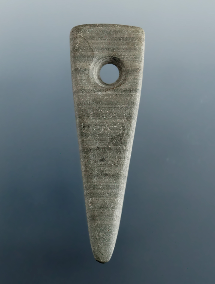 2 3/16" Miniature Triangular Pendant made from green and gray Banded Slate, found in the Ohio area.