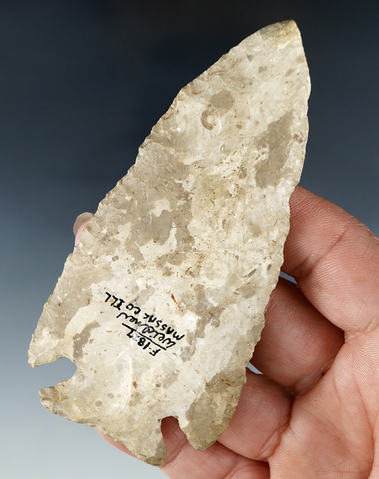 Thin for size  3 13/16" Cornernotch with restoration to 1/4" at tip. Found in Massac Co., Illinois.