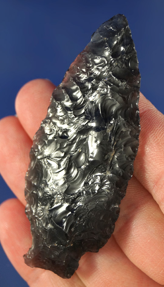 Beautifully patinated and nicely flaked 2 3/4" translucent Obsidian Stemmed Knife - Oregon.