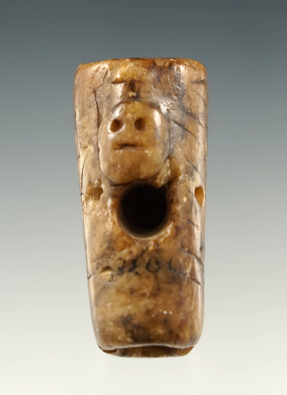 Exceptional! 2 1/16" Iroquois Vasiform Stone Pipe made from Chlorite with a maskette effigy.