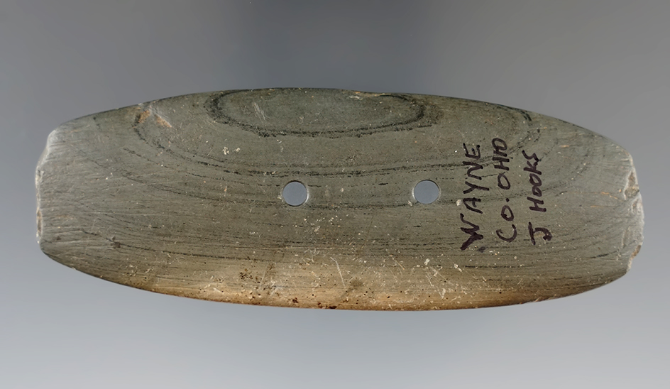 3 3/4" Banded Slate Bar Gorget found in Wayne Co., Ohio. Ex. Jack Hooks.