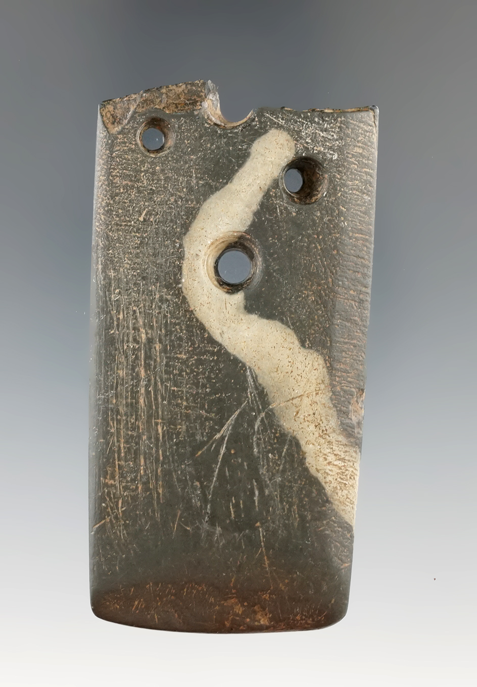 3" Slate Gorget found in Ohio which broke at the original hole and was redrilled.