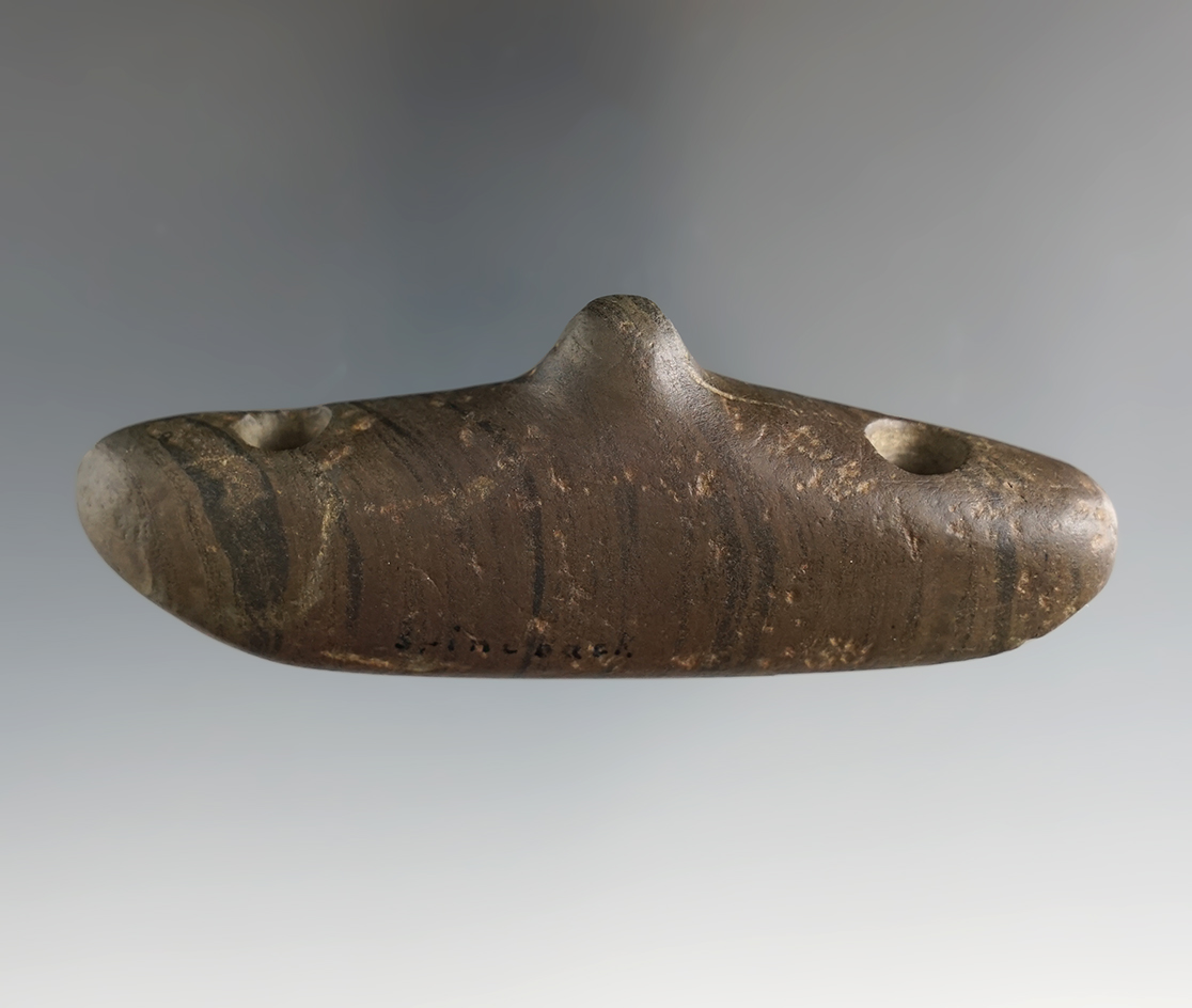 3 3/4" Spineback Gorget made from Banded Slate, found in Cuyahoga Co., Ohio. Ex. Hawse.