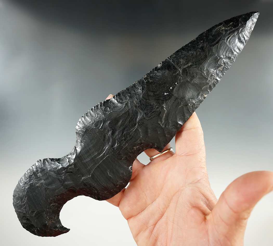 Large 9 3/8" Mayan Eccentric Dagger that has been broken and glued at the top section. COAs.