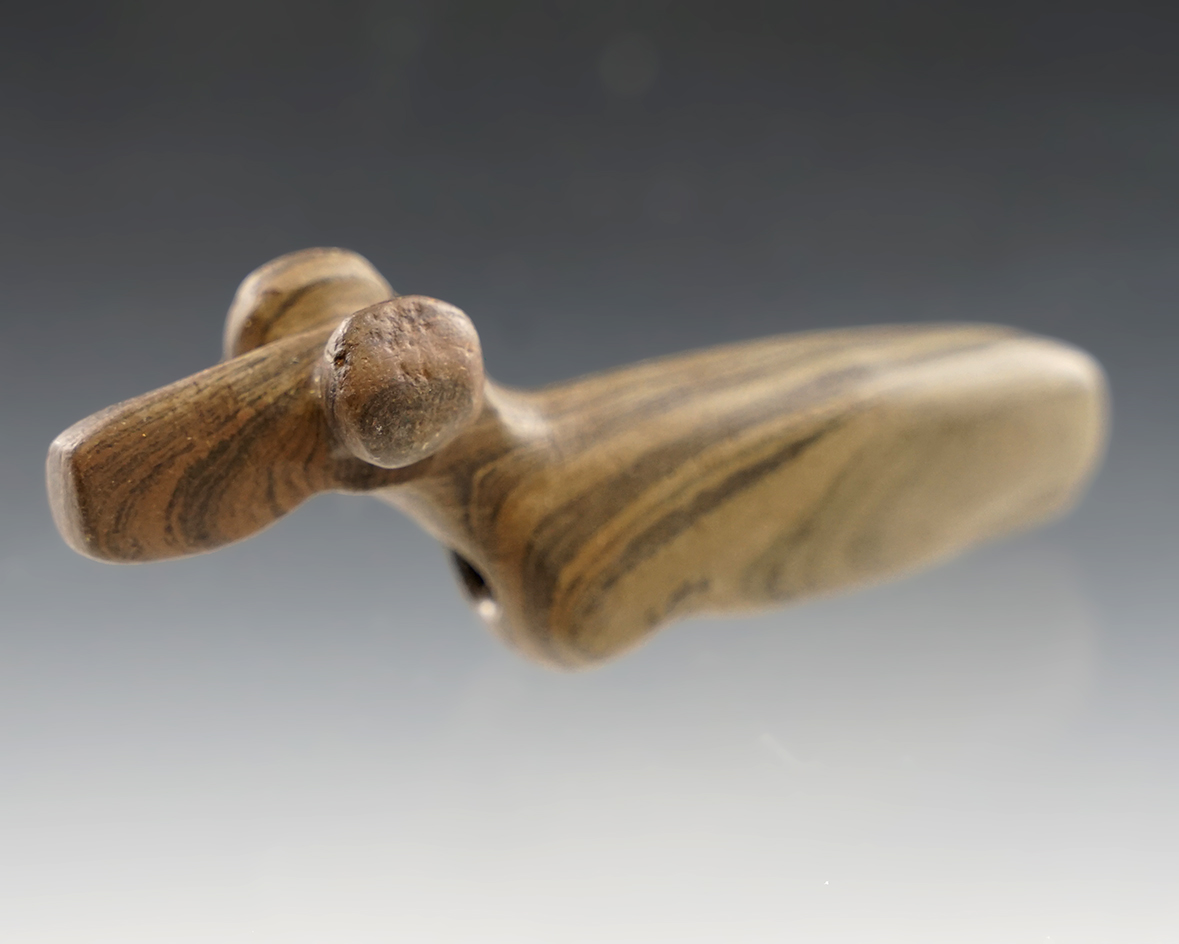 2 15/16" Birdstone made from Banded Slate, Chenango Co., New York. Pictured.