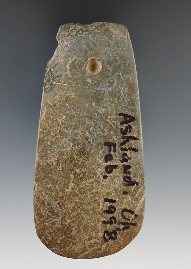 3 11/16" Pendant found in Ashland Co., Ohio. Drilling was started on one side, not completed.
