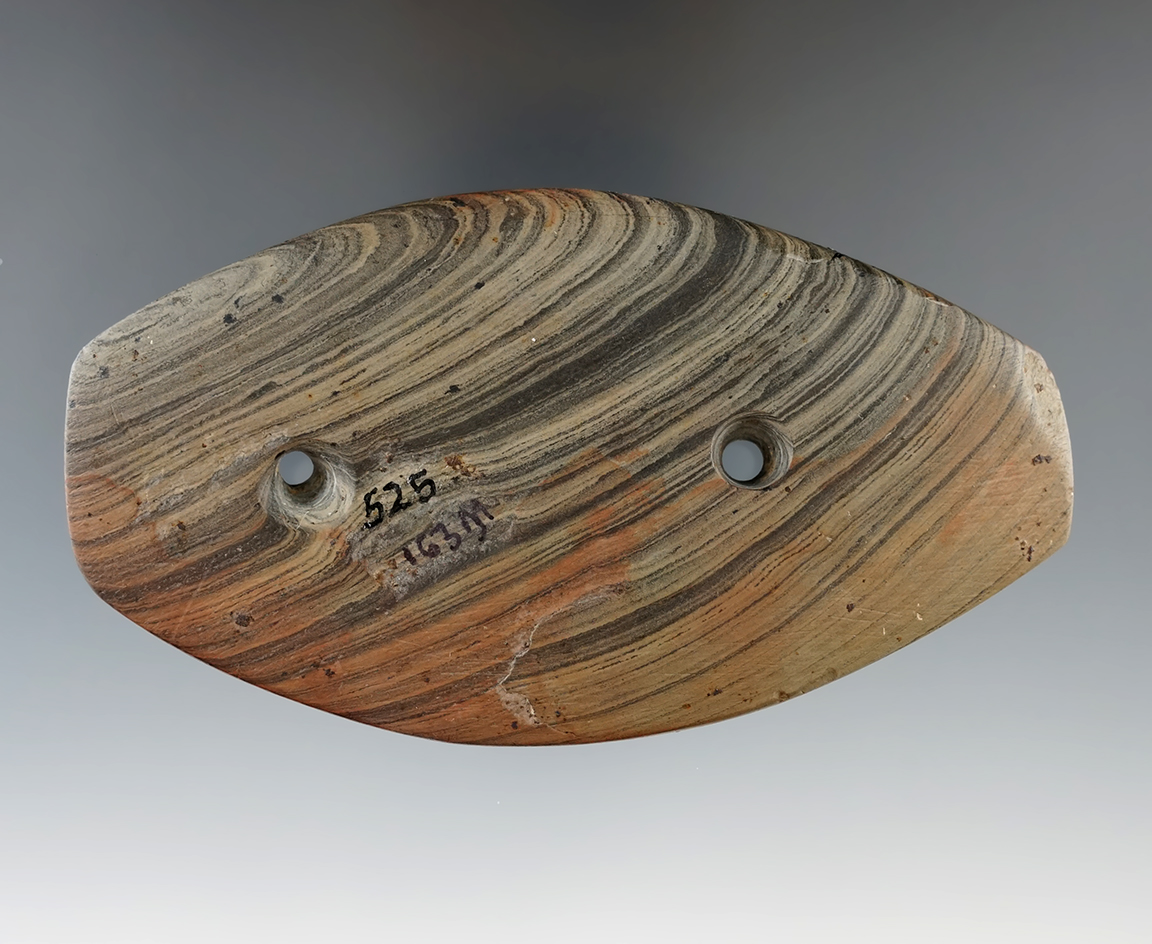 4 9/16" Elliptical Gorget made from Banded Slate. Ex. Henry Sedlon, Keith Barlow, Jim Miller.